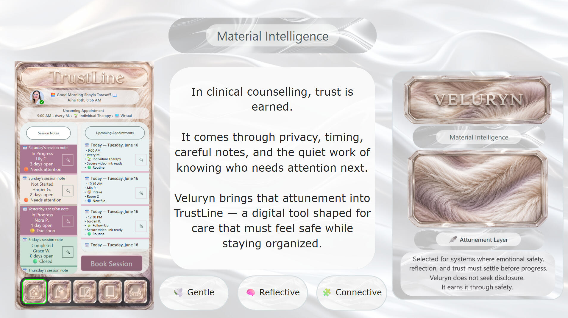 TrustLine × Veluryn — Clinical Counselling Material Intelligence A Material Intelligence presentation for TrustLine, showing a soft clinical counselling dashboard beside the Veluryn material card. The slide connects privacy, timing, careful notes, and emotional safety to organized therapeutic care.