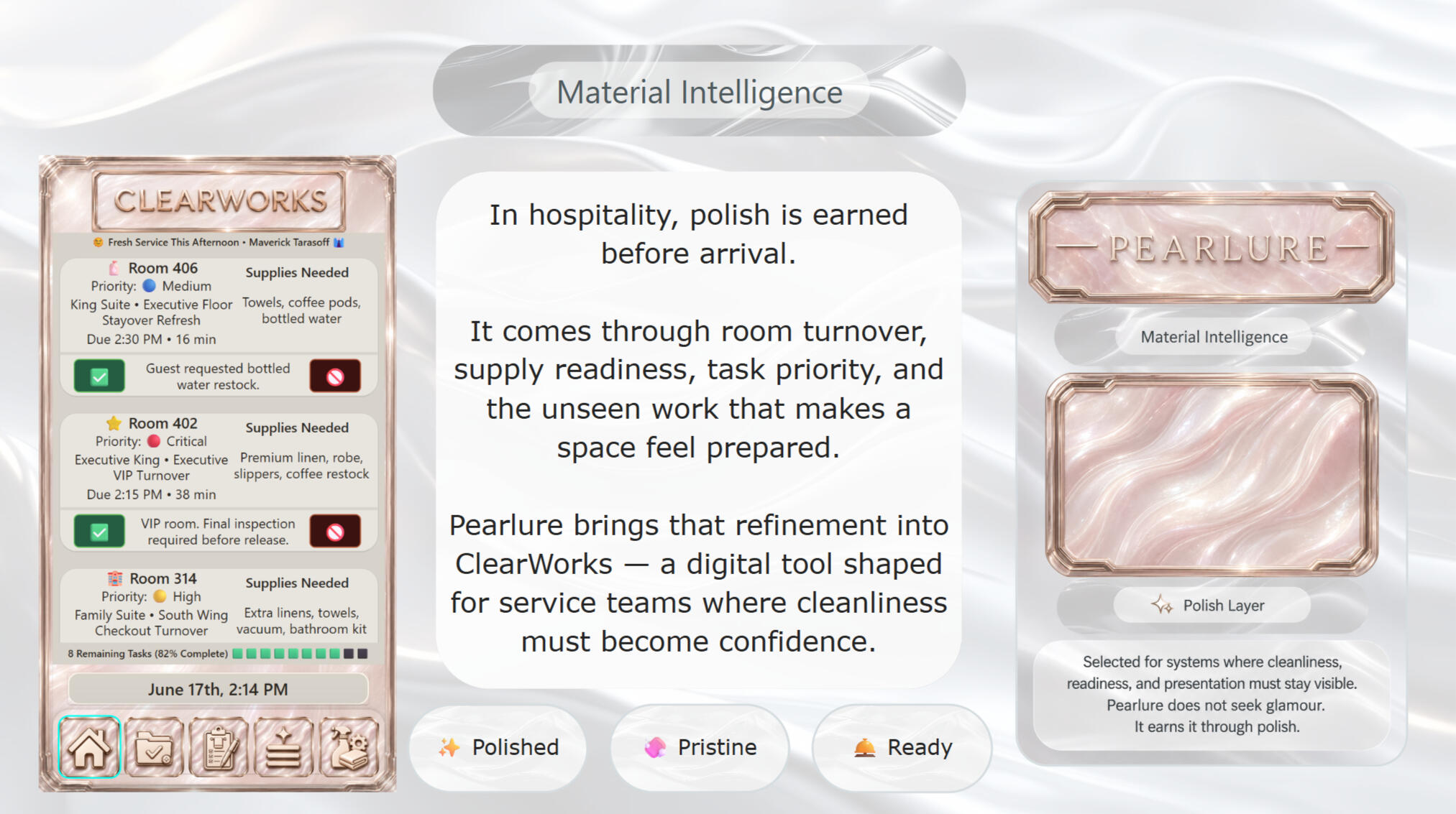 A Material Intelligence presentation for ClearWorks, showing a polished hotel room readiness dashboard beside the Pearlure material card. The slide connects room turnover, supply readiness, task priority, and refined presentation to hospitality teams.