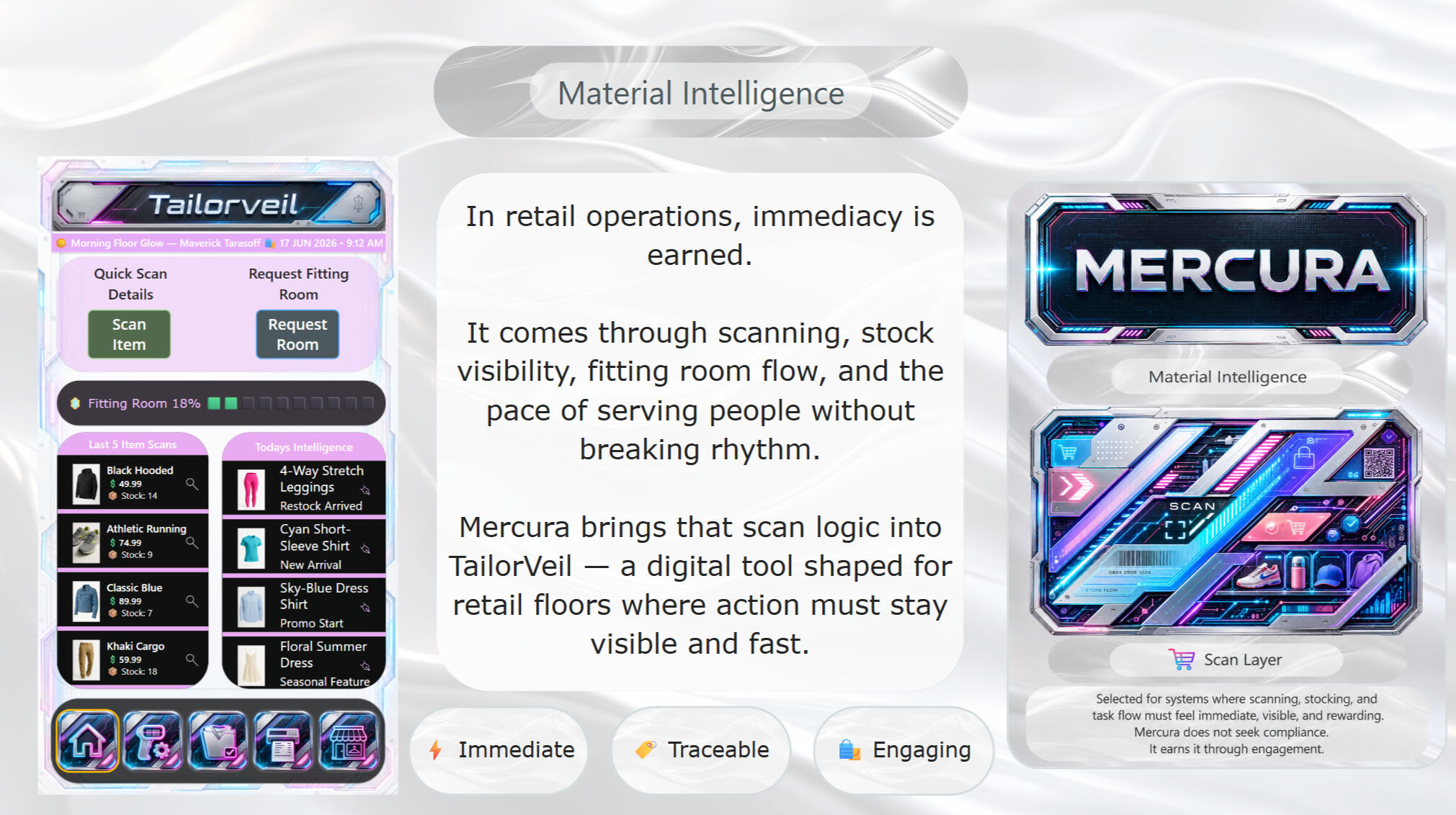 A Material Intelligence presentation for TailorVeil, showing a bright retail scanning and stock dashboard beside the Mercura material card. The slide connects scanning, stock visibility, fitting room flow, and fast customer-facing action to retail floors.