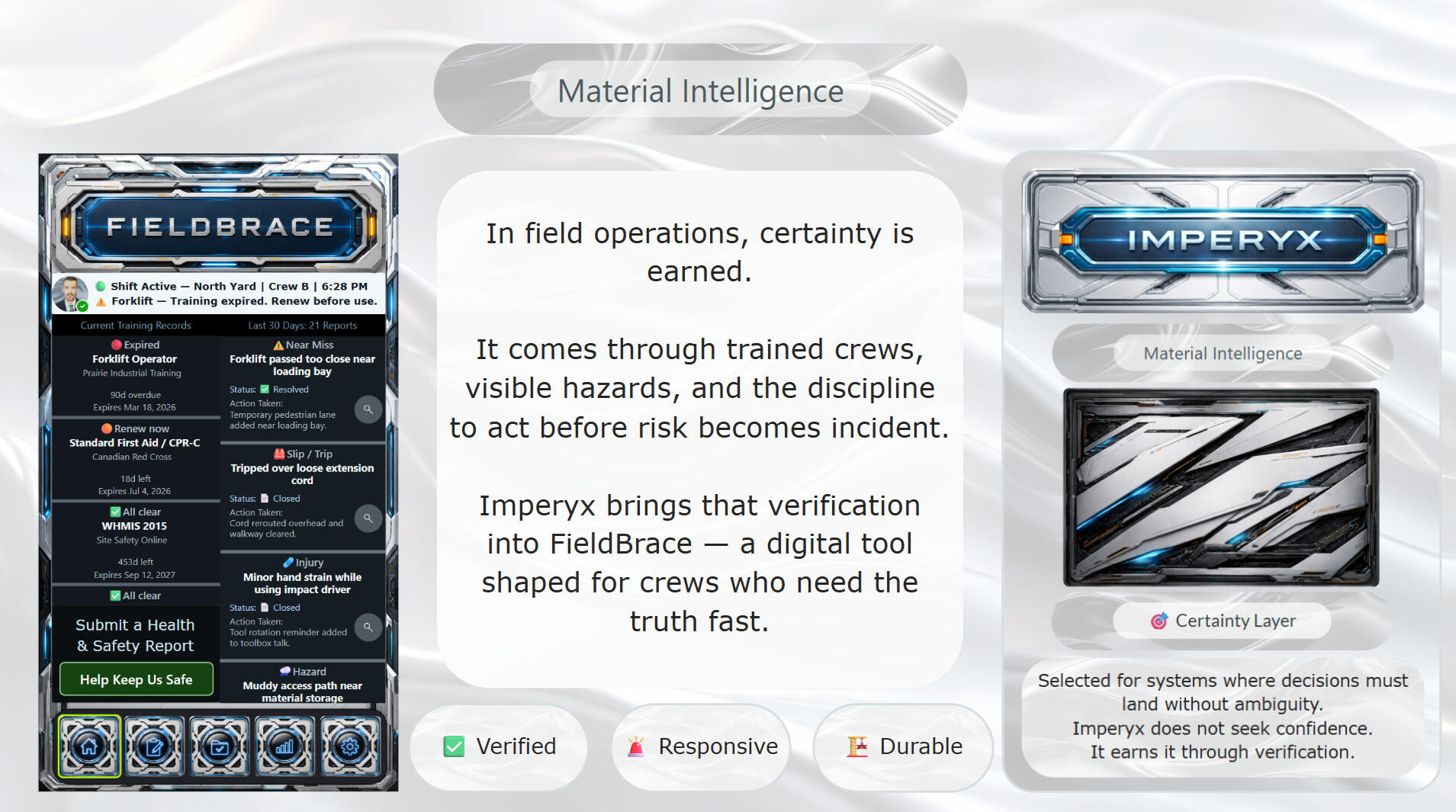 A Material Intelligence presentation for FieldBrace, showing a blue and silver field safety dashboard beside the Imperyx material card. The slide connects verification, visible hazards, and fast decision-making to crews working in operational environments.