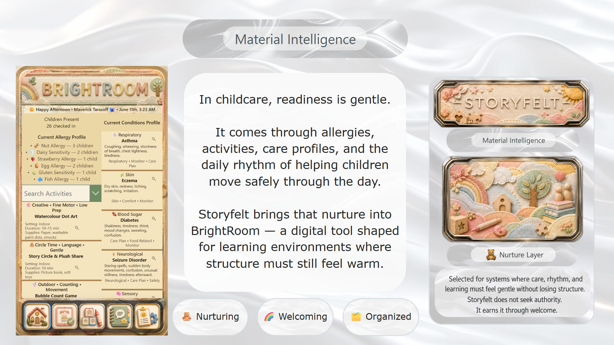 A Material Intelligence presentation for BrightRoom, showing a soft childcare activity and care profile dashboard beside the Storyfelt material card. The slide connects allergies, activities, care plans, and gentle daily rhythm to learning environments.