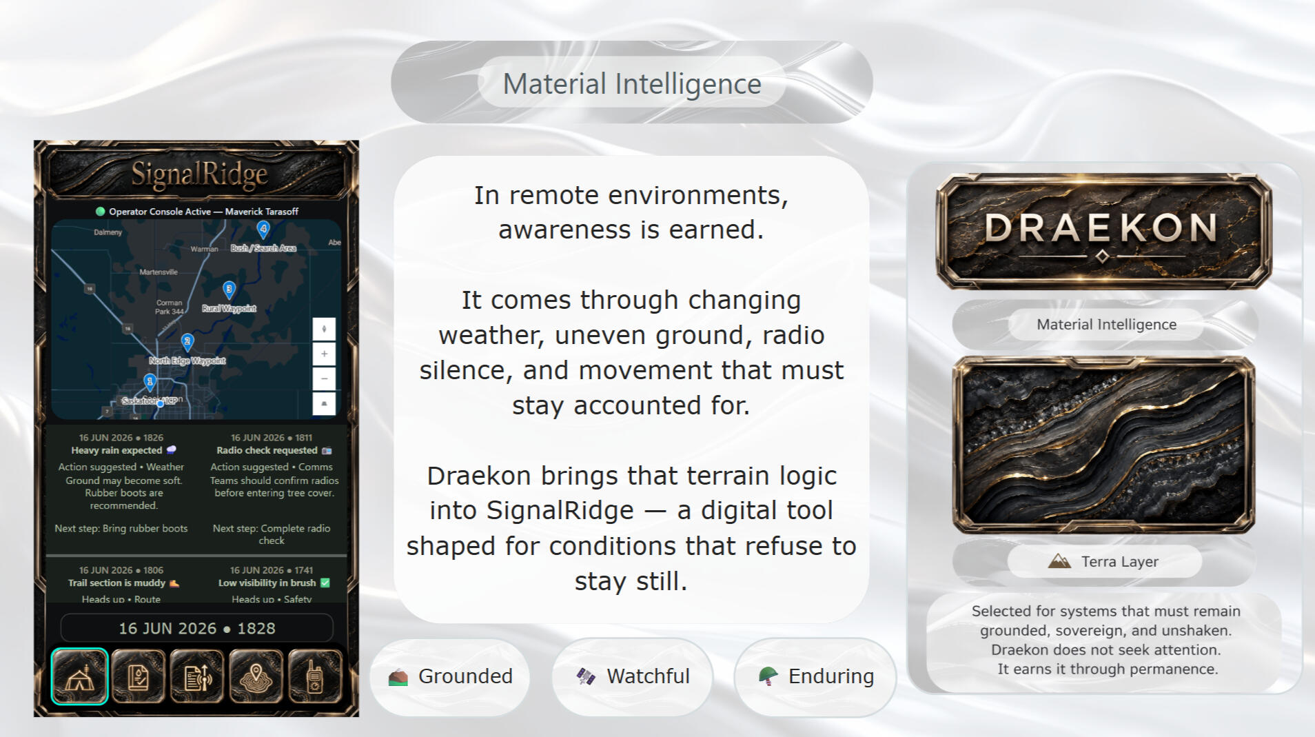 A Material Intelligence presentation for SignalRidge, showing a rugged field map interface beside the Draekon material card. The slide describes how changing weather, uneven ground, radio silence, and terrain awareness shape remote operational decisions.